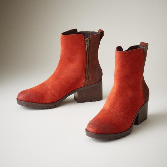 Sorel Cate Booties Block Heel Carnelian Red Suede - Picture 2 of 9